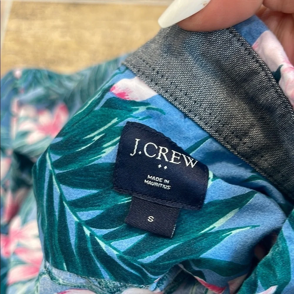 J. Crew Blue & Pink Tropical Leaf Floral Button Front Short Sleeve Shirt S